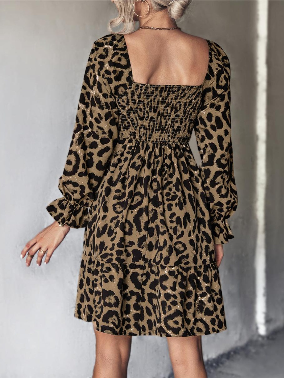 Leopard Smocked Flounce Sleeve Mini Dress