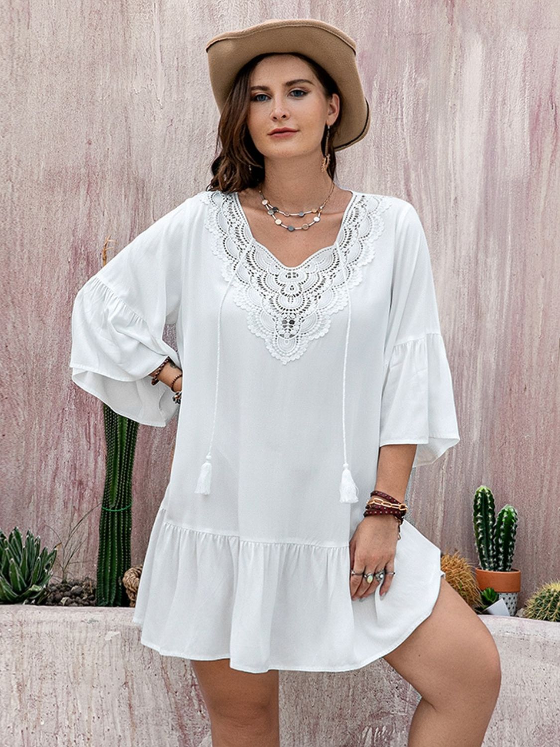 Plus Size Lace Detail Tie Neck Three-Quarter Sleeve Mini Dress