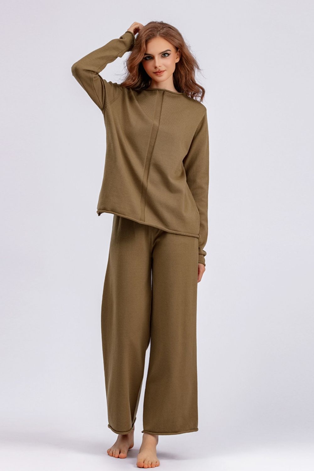 Basic Bae Rolled Round Neck Top and Pants Sweater Set