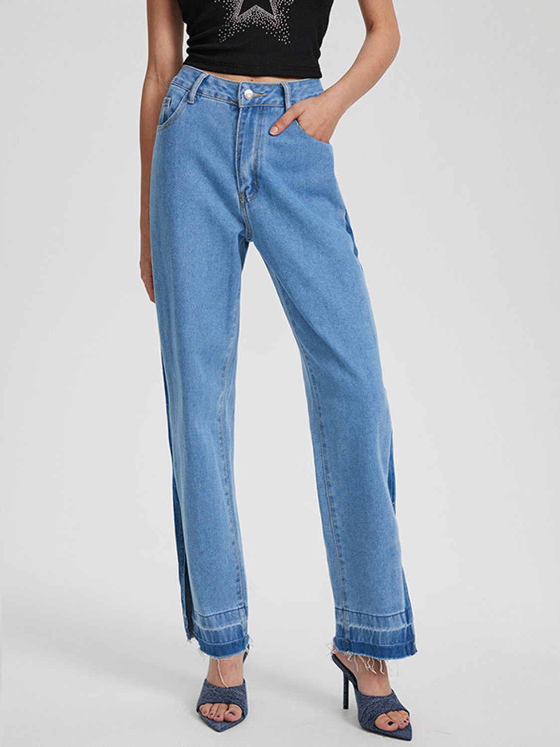 Slit Straight Leg Jeans with Pockets