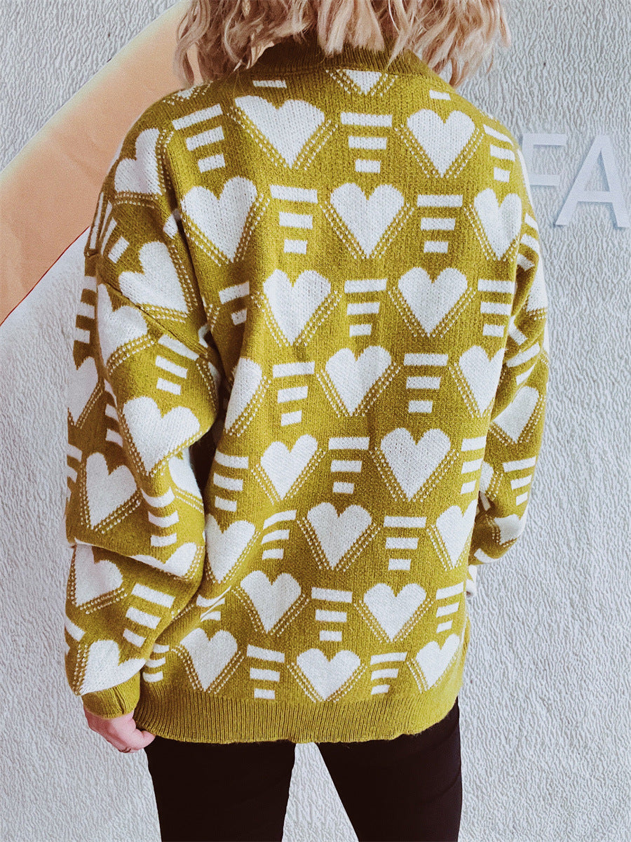 Heart Contrast Long Sleeve Dropped Shoulder Sweater