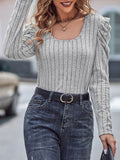 Ribbed Scoop Neck Puff Sleeve T-Shirt