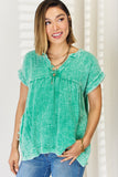 Zenana Washed Raw Hem Short Sleeve Blouse with Pockets