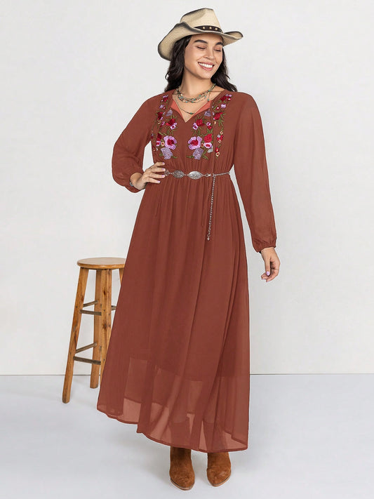 Plus Size Embroidered Tie Neck Long Sleeve Dress