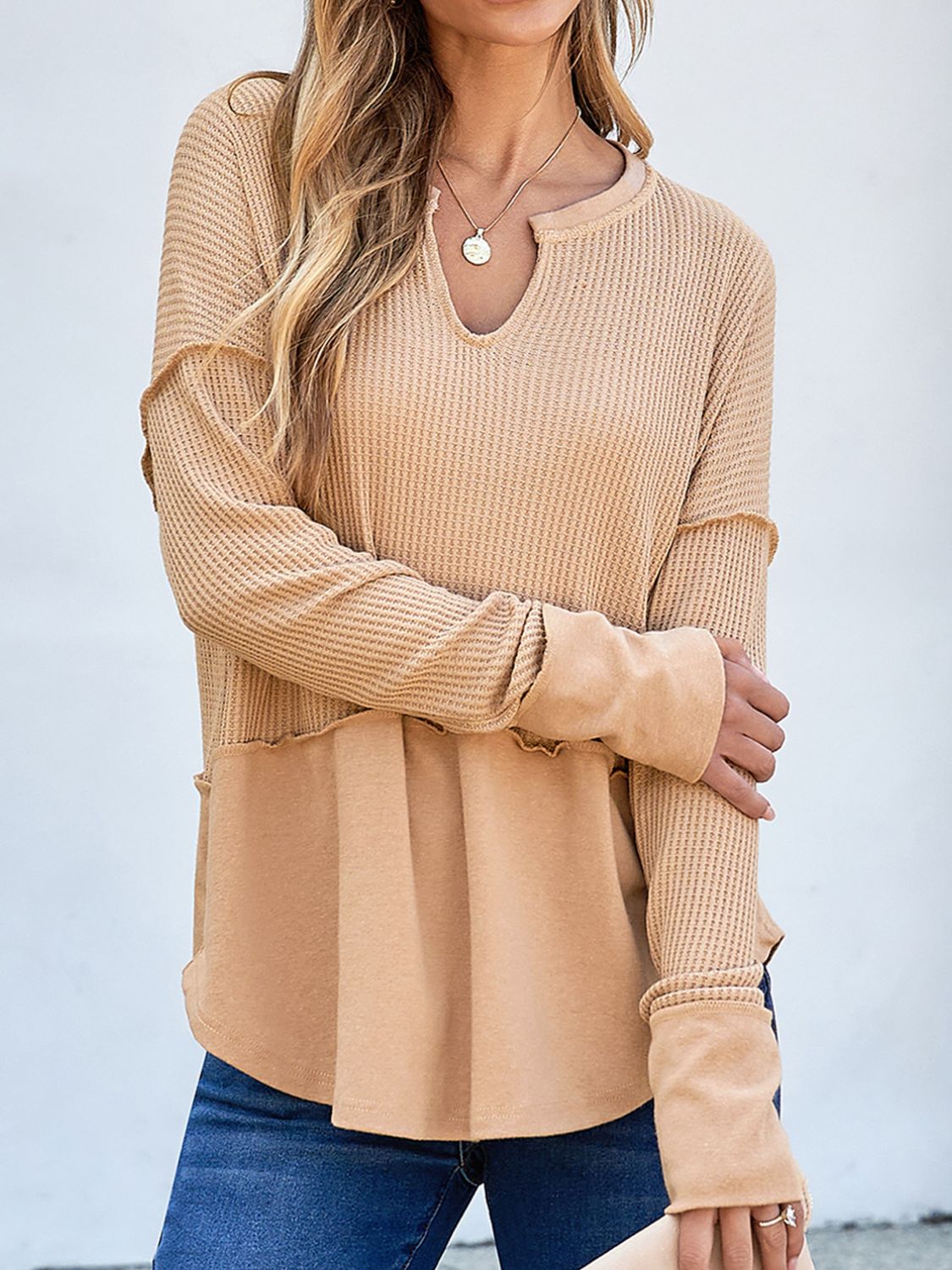 Waffle-Knit Notched Long Sleeve T-Shirt