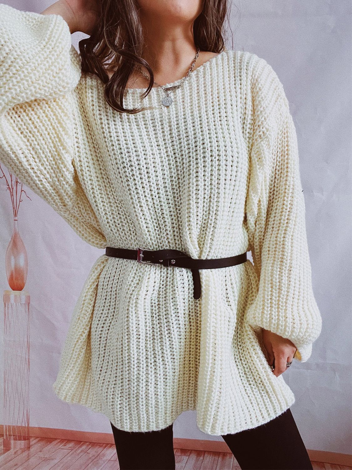 Boat Neck Long Sleeve Sweater with Belt