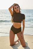 Half Zip Mock Neck Top and Brief Swim Set