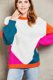 Double Take Color Block Round Neck Drop Shoulder Sweater