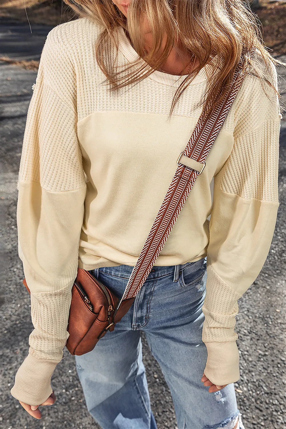 Waffle-Knit Round Neck Long Sleeve Top