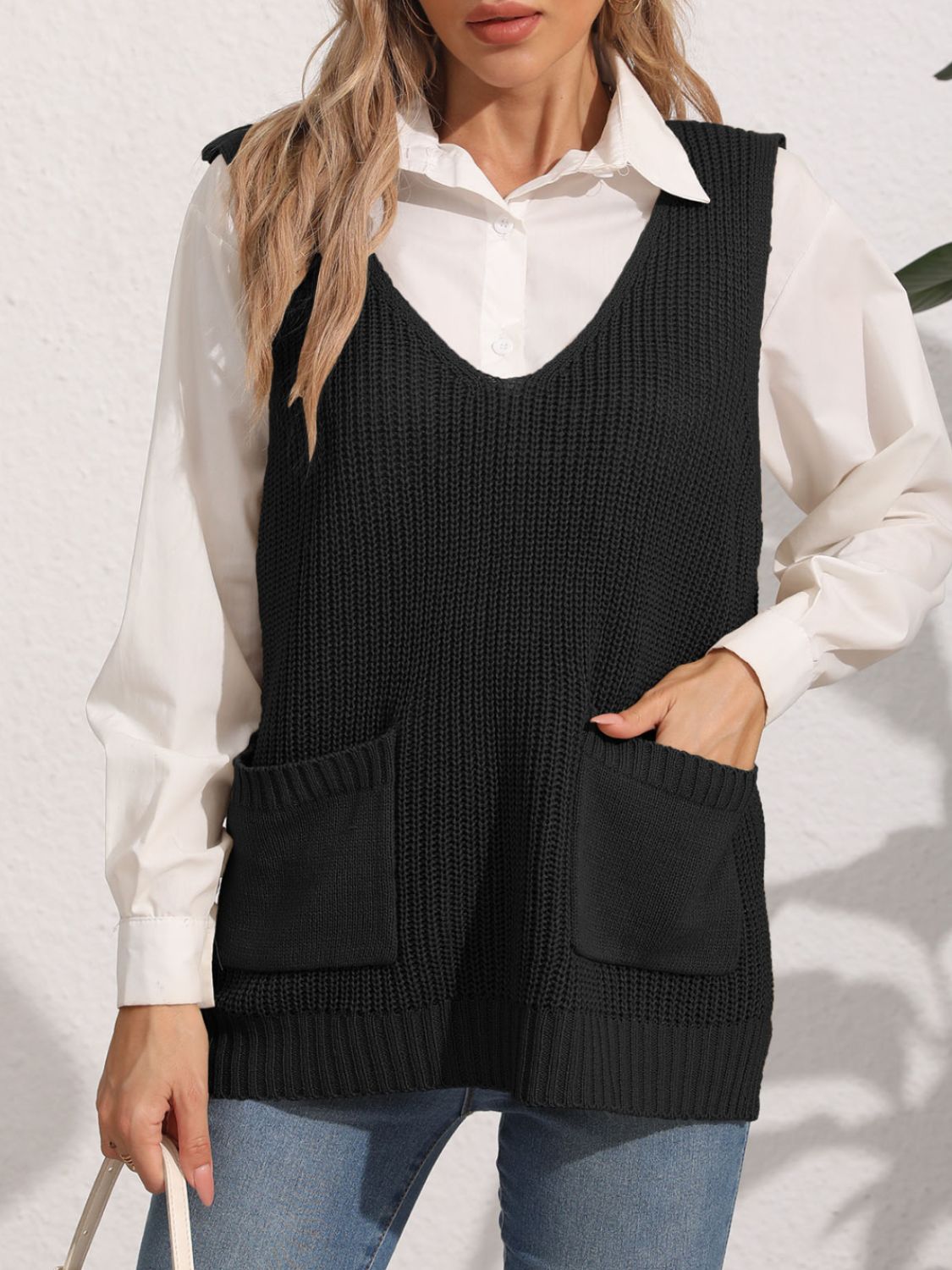 Pocketed V-Neck Sweater Vest