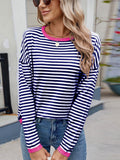 Striped Contrast Round Neck Long Sleeve Sweater