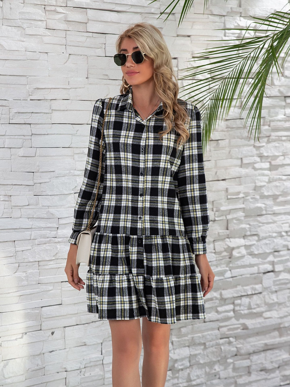 Ruffle Hem Plaid Button Down Long Sleeve Dress