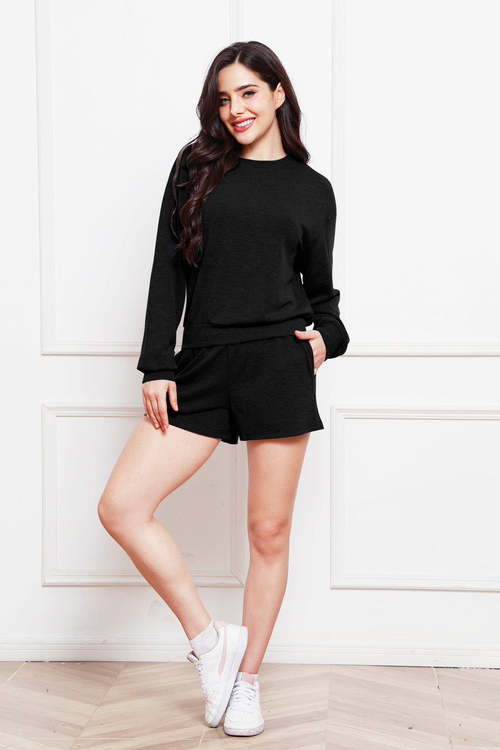 Round Neck Long Sleeve Top and Shorts Set