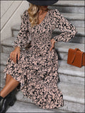 Printed V-Neck Long Sleeve Midi Dress