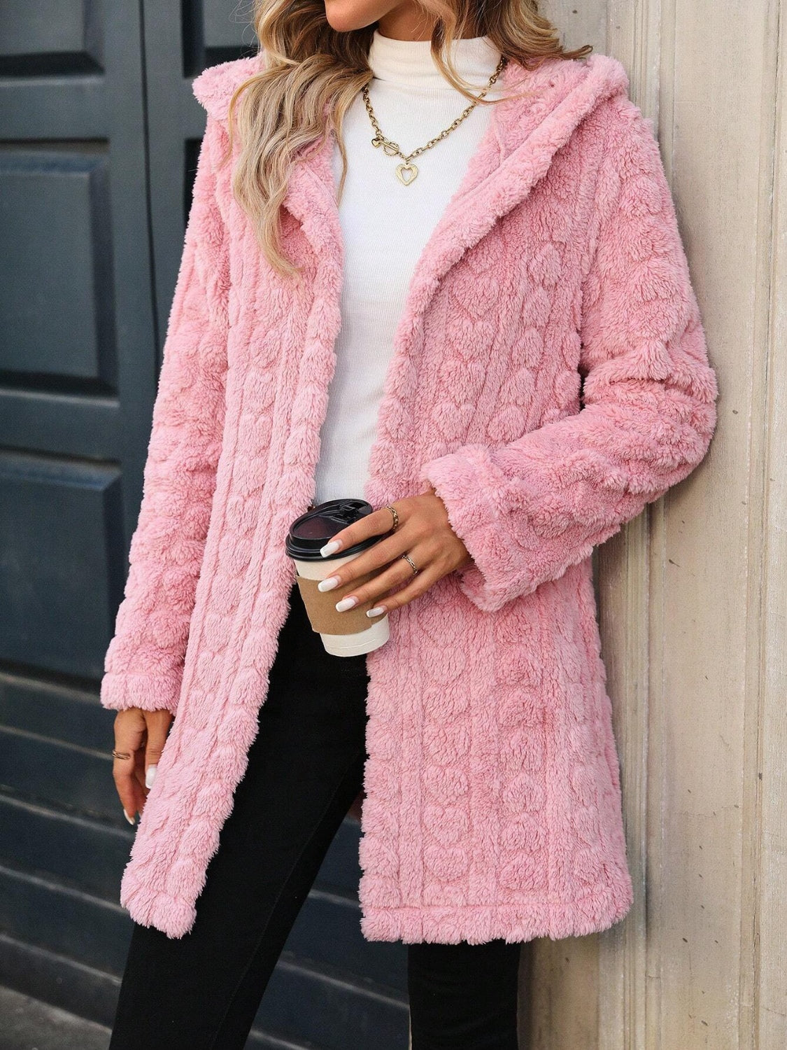 Heart Open Front Hooded Fuzzy Coat