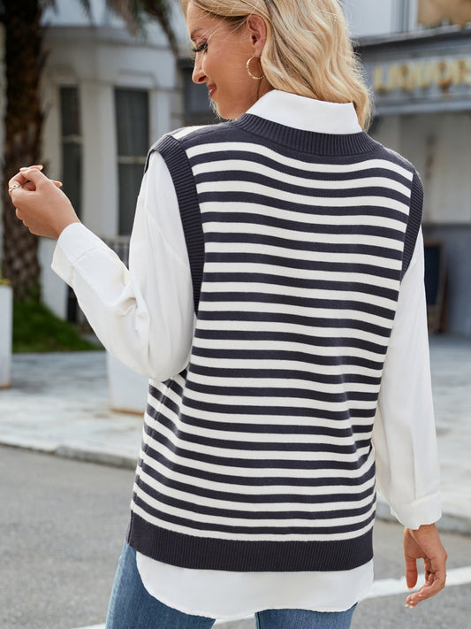 Slit V-Neck Striped Sweater Vest