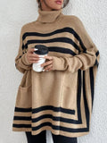 Striped Turtleneck Batwing Sleeve Sweater with Pockets