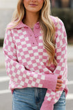 Checkered Collared Neck Long Sleeve Sweater