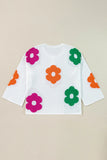 Flower Round Neck Quarter Button Knit Top