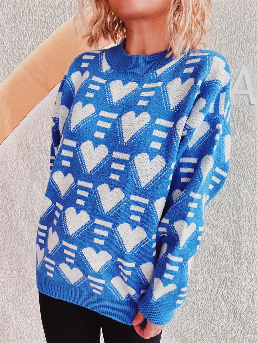 Heart Contrast Long Sleeve Dropped Shoulder Sweater