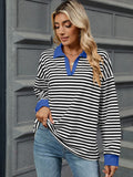 Striped Johnny Collar Long Sleeve Sweatshirt