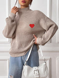 Heart Turtleneck Dropped Shoulder Long Sleeve Sweater