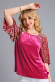 Umgee Round Neck Leopard Balloon Sleeve Velvet Top