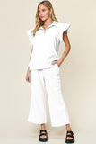 Double Take Texture Ruffle Short Sleeve Top and Drawstring Wide Leg Pants Set