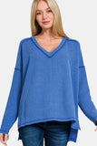 Zenana Texture Exposed Seam V-Neck Long Sleeve T-Shirt