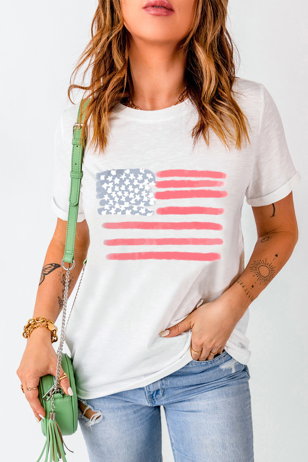 US Flag Round Neck Short Sleeve T-Shirt