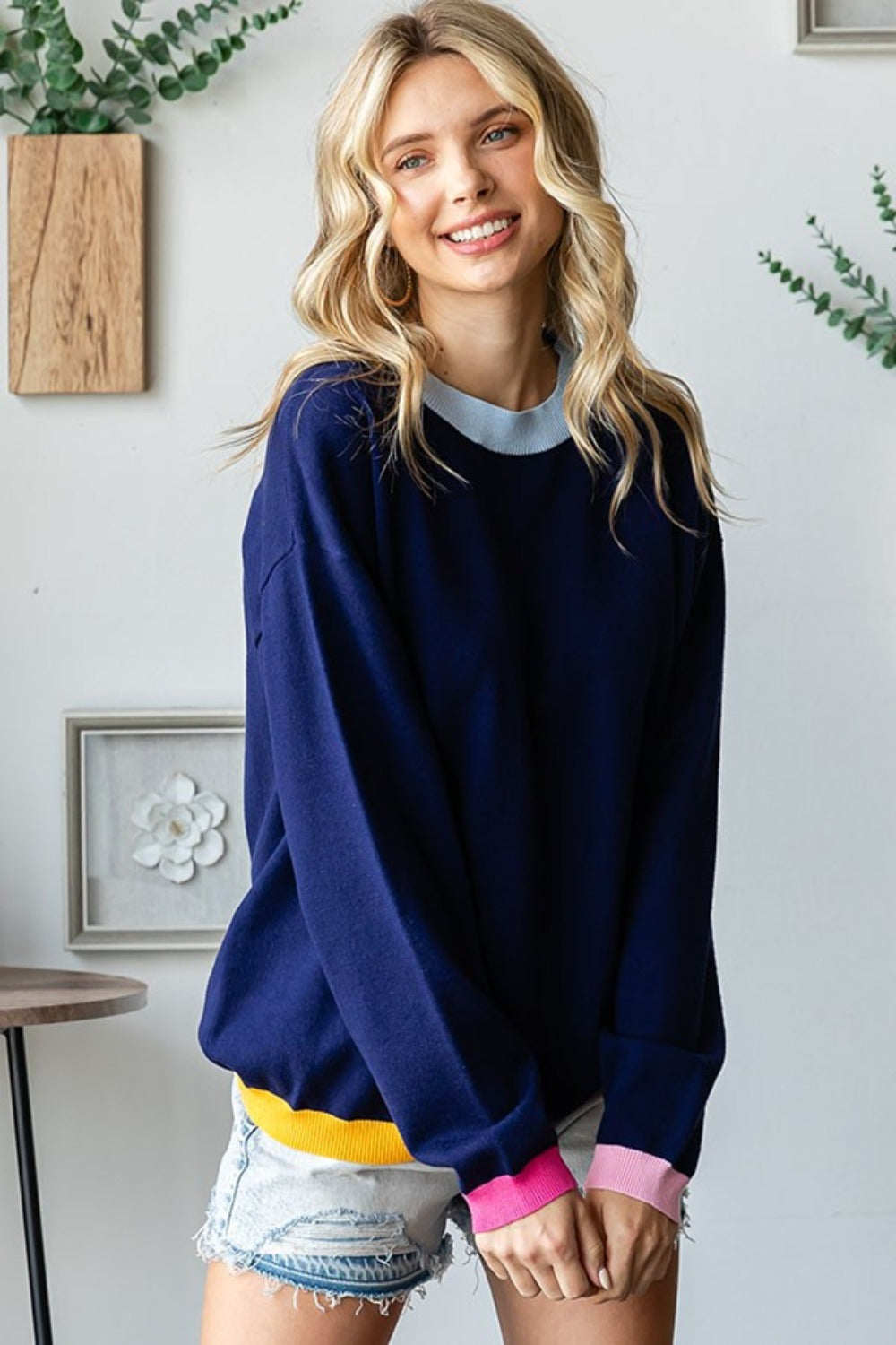 First Love Contrast Ribbed Round Neck Long Sleeve Sweater