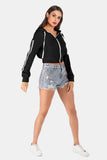 Side Stripe Drawstring Cropped Hooded Jacket