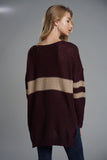 Slit Contrast V-Neck Long Sleeve Sweater