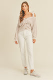 MABLE Off Shoulder Self Tie Strap Button Down Sweater