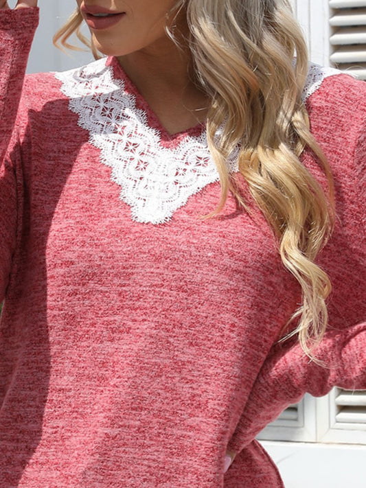 Lace Detail V-Neck Long Sleeve T-Shirt