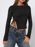 Tied Slit Round Neck Long Sleeve T-Shirt