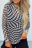 Checkered Mock Neck Long Sleeve Blouse