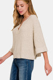 Zenana Notched Side Slit Patch Sweater