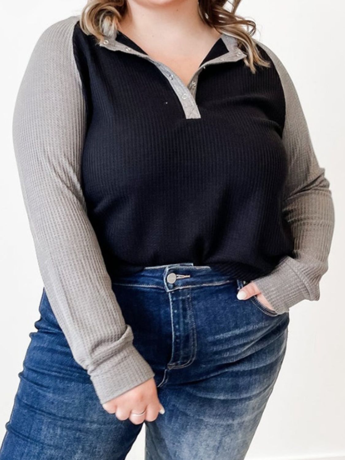 Plus Size Waffle-Knit Half Snap Long Sleeve Shirt