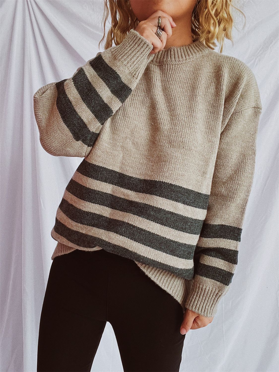 Striped Dropped Shoulder Long Sleeve Sweater