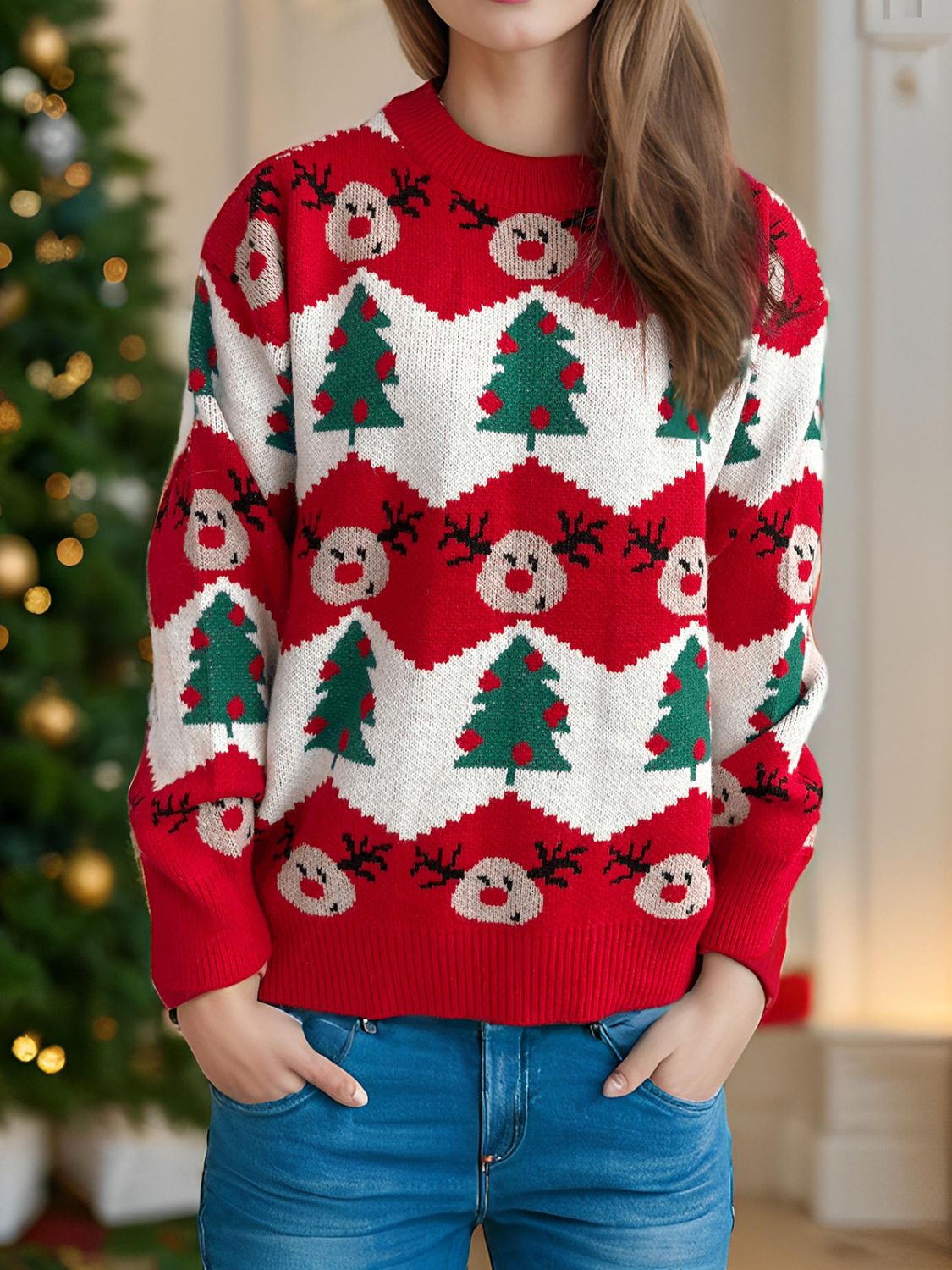 Christmas Element Round Neck Long Sleeve Sweater