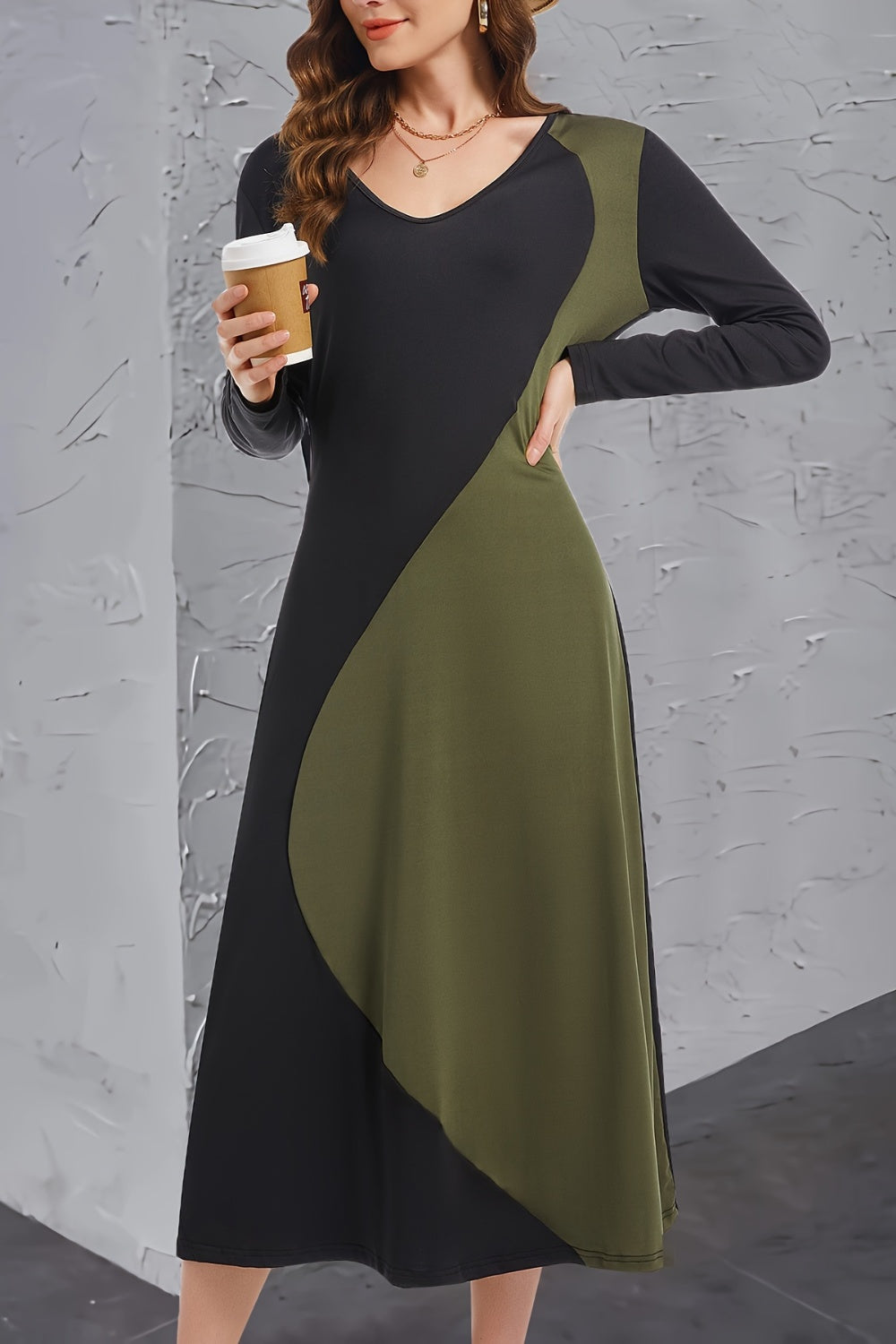 Contrast Long Sleeve Midi Dress