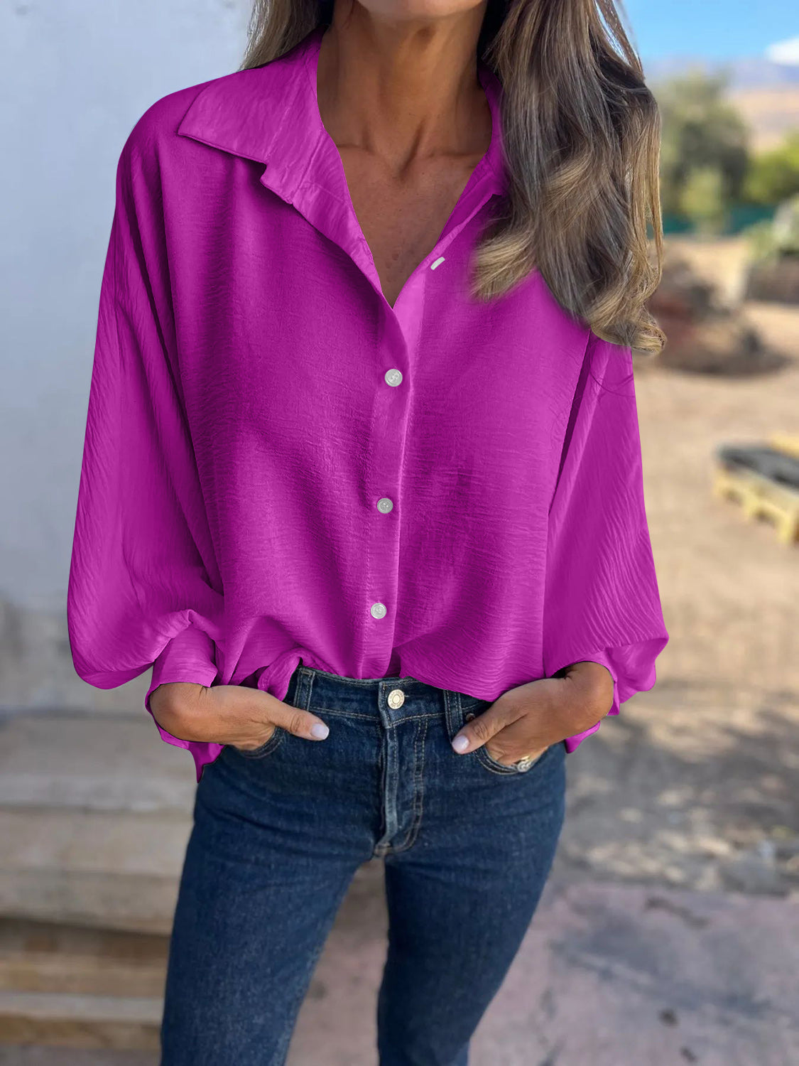 Full Size Collared Neck Long Sleeve Shirt