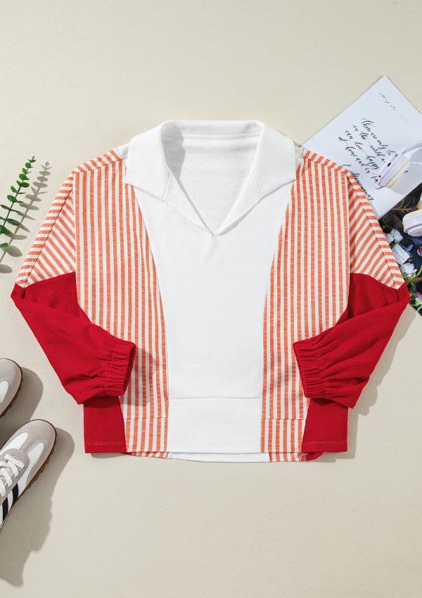 Striped Johnny Collar Long Sleeve Sweatshirt