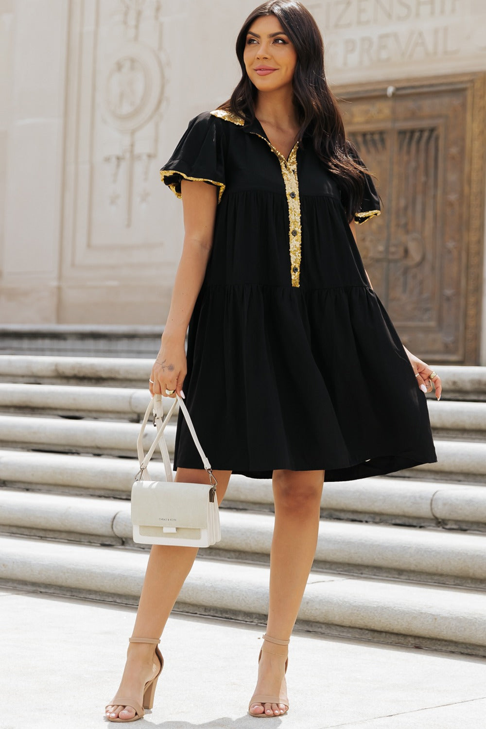 Sequin Half Button Short Sleeve Dress