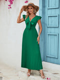 Tied Ruffled V-Neck Pleated Dress