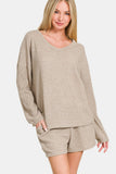 Zenana V-Neck Long Sleeve Ribbed Top and Shorts Set