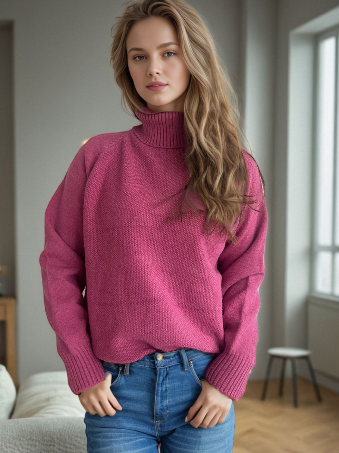 Ribbed Turtleneck Raglan Sleeve Sweater