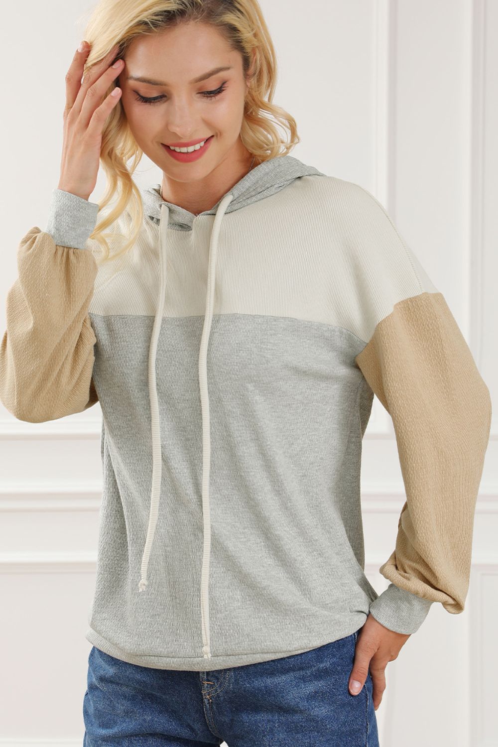 Drawstring Color Block Long Sleeve Hoodie