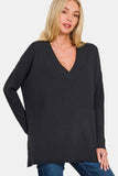 Zenana V-Neck Side Slit High-Low Sweater